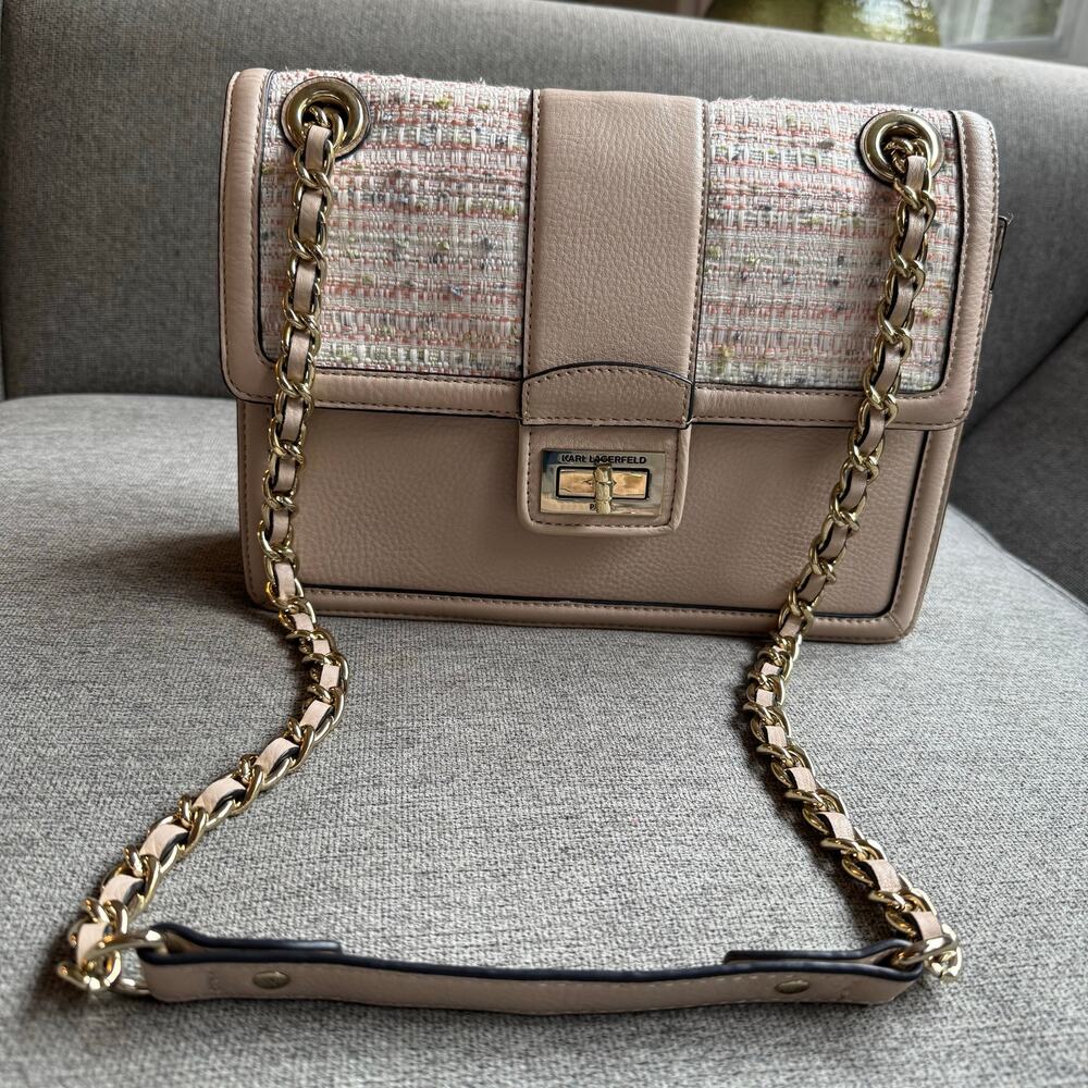 Karl Lagerfeld Beige Tweed Details Shoulder Crossbody Bag Purse - Picture 3 of 12